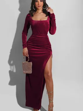 DressBetty - Elegant Velvet High Waist Slit Maxi Dress Sexy Long Sleeve Evening Party Dress