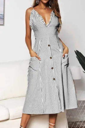 Dunnmall Deep V Neck Button Design Printed Sleeveless Dress