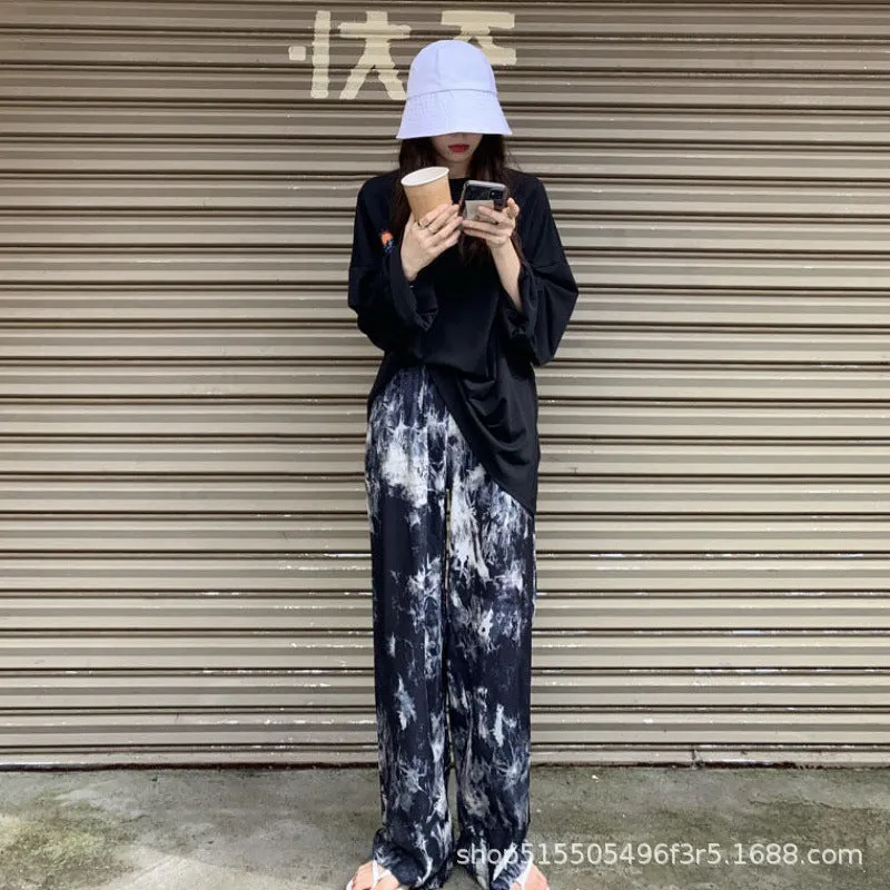 Dye Wide Leg Culottes Summer Thin Loose Slim-Look Casual Women High Waist Drape Straight Floor Length Long Pants