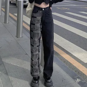 E Girl Outfit High Waist Patchwork Black Jeans