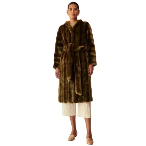 Ecklonis Olive Stripes Faux Fur Robe Coat
