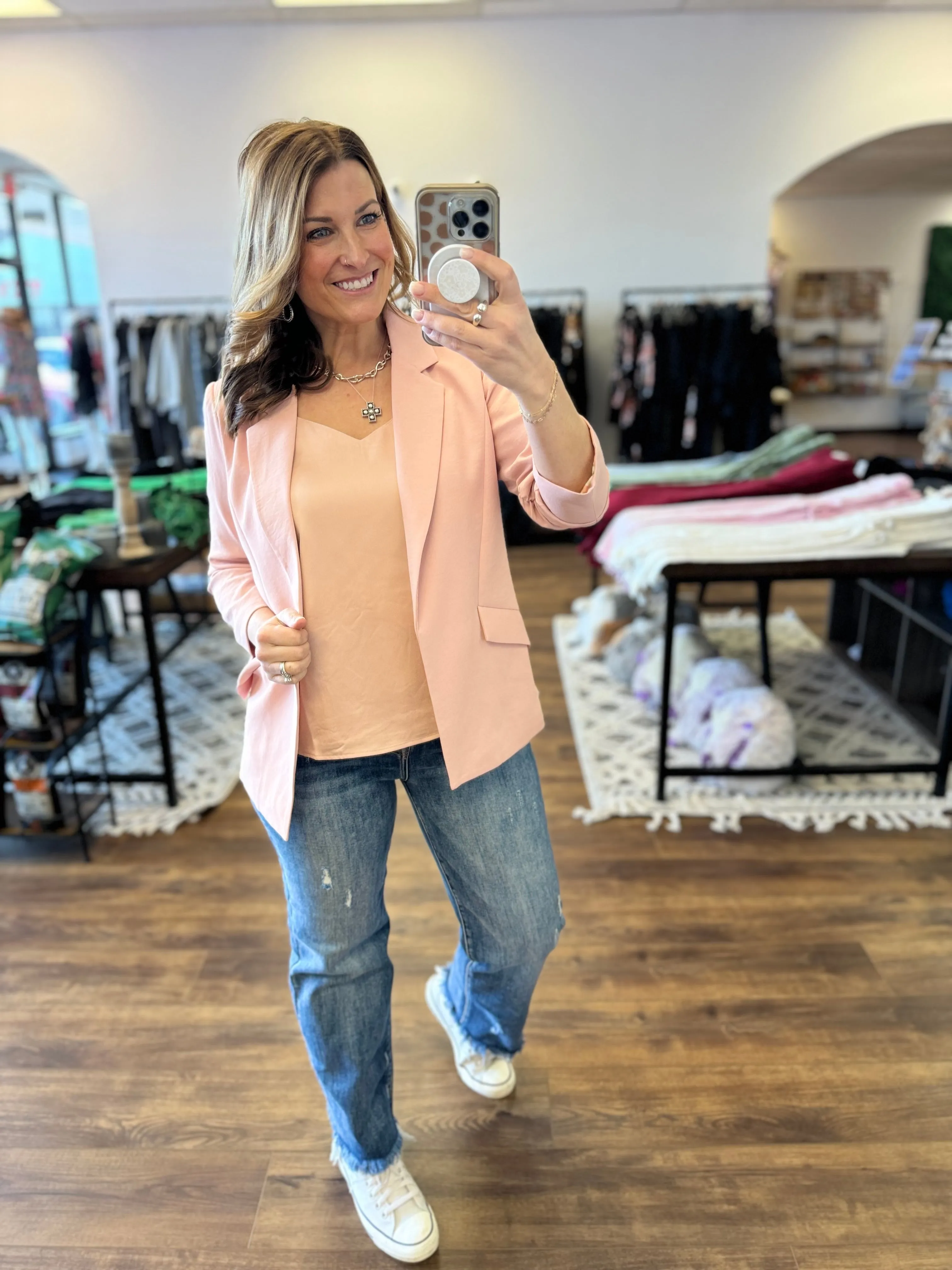 Eco-Friendly Recycled Poly Shirred Sleeve Blazer - Rose Cloud