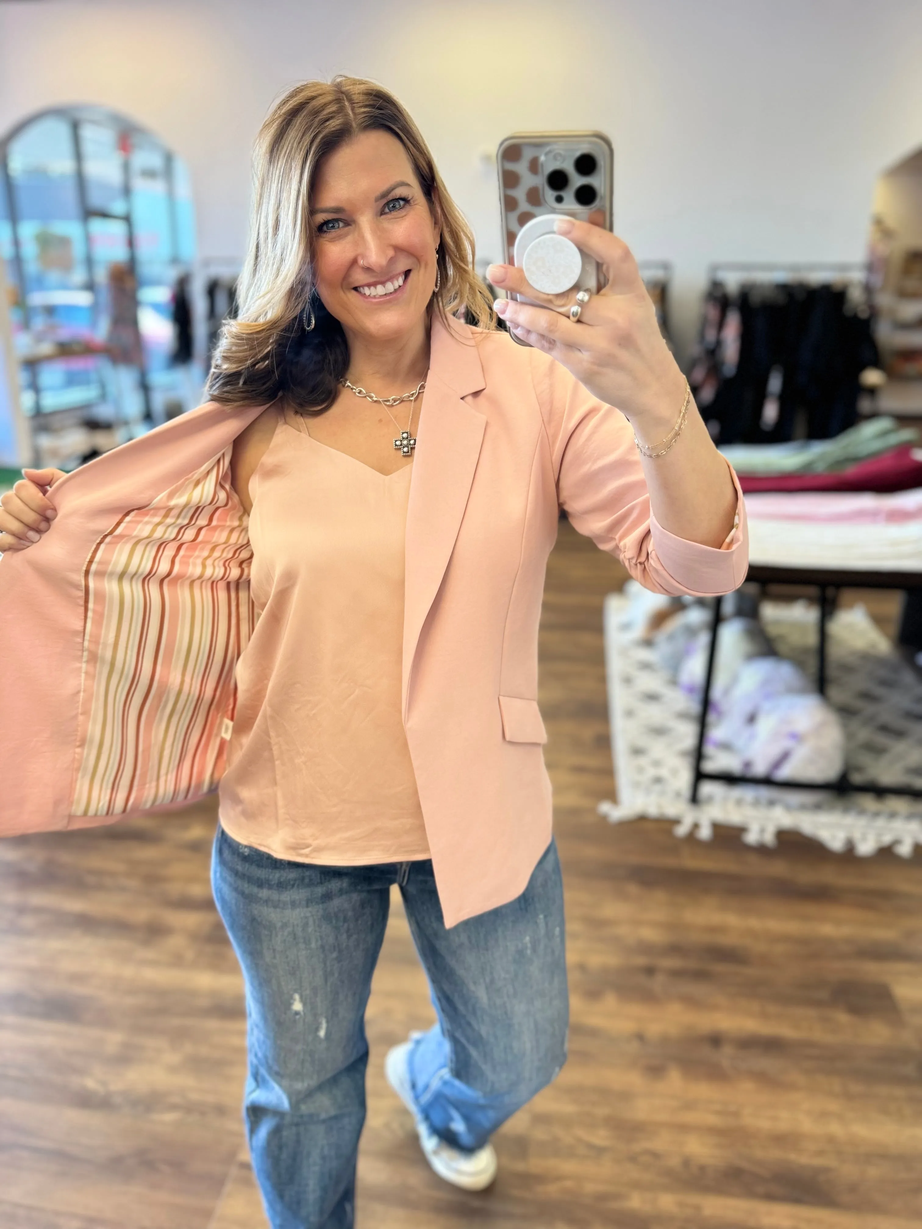Eco-Friendly Recycled Poly Shirred Sleeve Blazer - Rose Cloud
