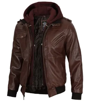 Edinburgh Men's Bomber Dark Brown Removable Hooded Leather Jacket
