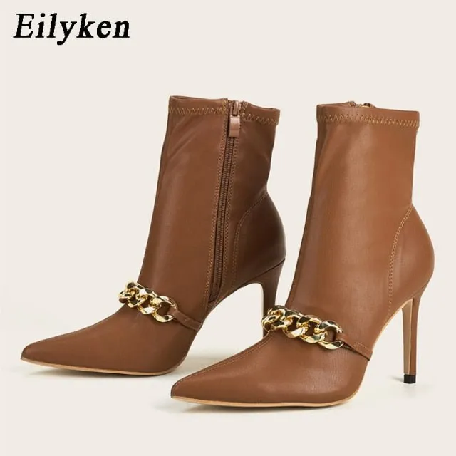 EILYKEN Chain Gang Ankle Zipper Pointed Toe High Heel Booty Shoes