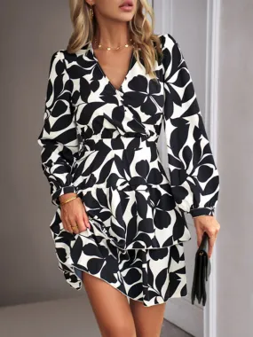 Elastic Waist Long Sleeve Layered Surplice Dress