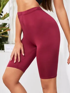 Elastic Waist Solid Biker Shorts