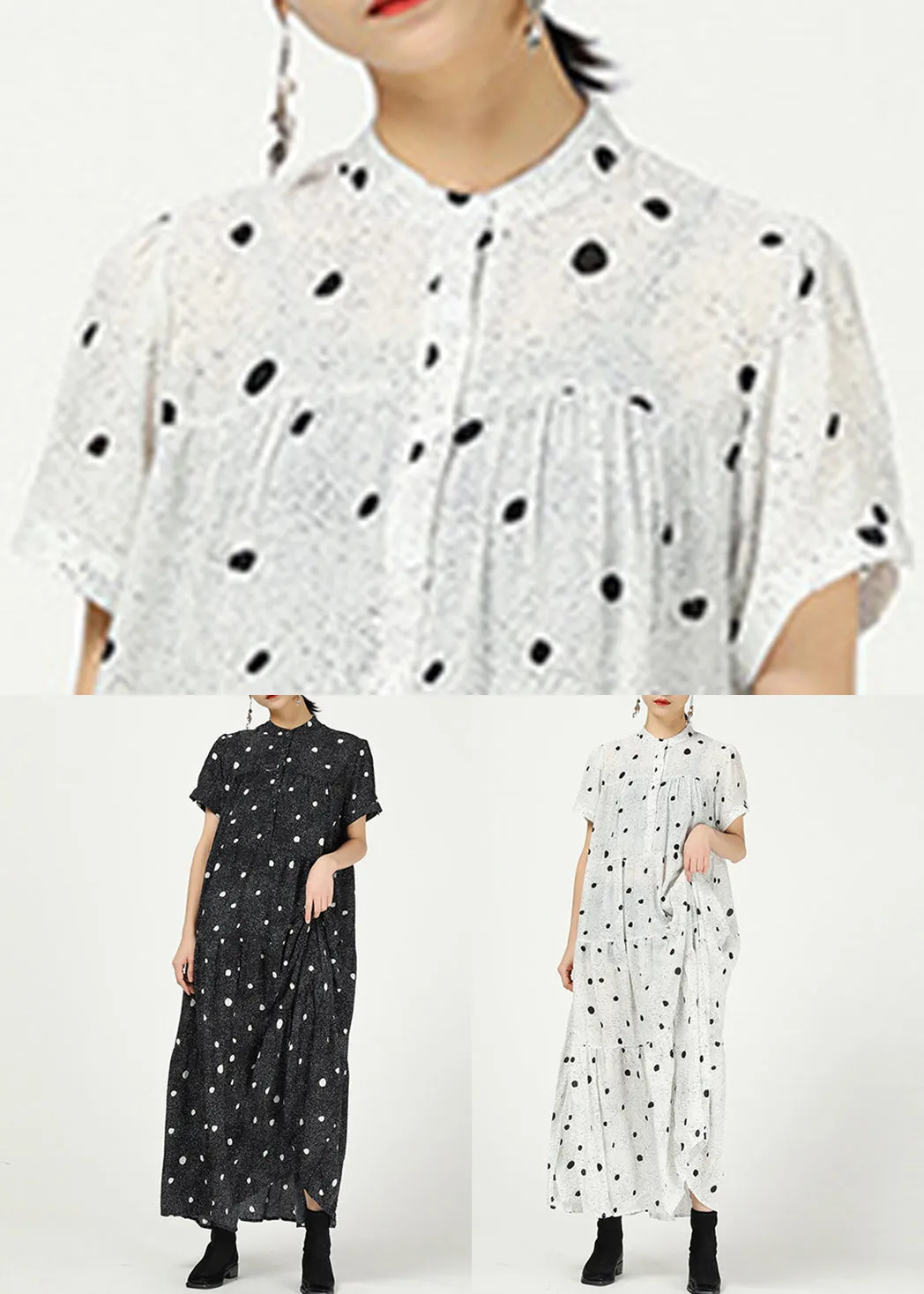 Elegant Black Stand Collar Print Cotton Dresses Short Sleeve AA1062