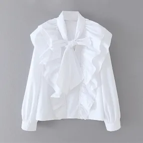 Elegant Bow Tie Collar Ruffles White Blouse Women
