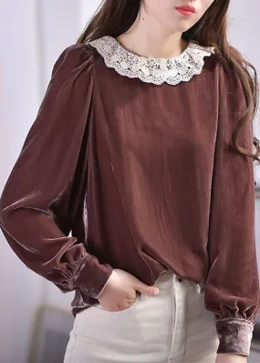 Elegant Brown O-Neck Lace Patchwork Silk Velour Blouses Spring LY2604
