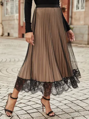 Elegant Colorblock Contrast Lace High Waist Long Women Skirts