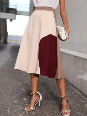 Elegant Colorblock High Waist Midi Women Skirt