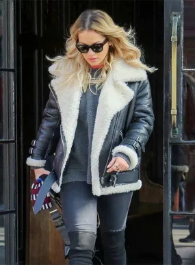 Elegant Faux Fur Leather Jacket Worn By Rita Ora | Rita Ora Elegant Faux Fur Leather Jacket