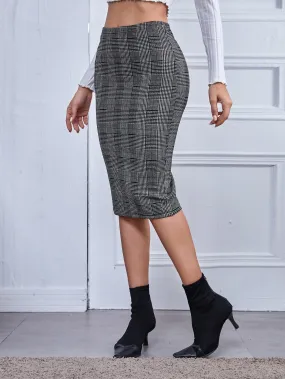 Elegant Houndstooth High Waist Midi Women Skirt