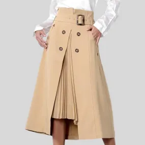 Elegant Khaki Midi High Waist Knee Length Skirt