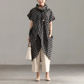 Elegant linen cotton tops plus size Mock Neck Short Sleeve Lattice Irregular Tops