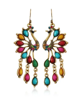 Elegant Multi Colour Peacock Zircon Copper Drop Earrings