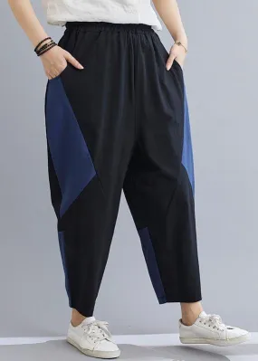 Elegant Navy Patchwork Elastic Waist Radish trousers Pants Summer Cotton Linen