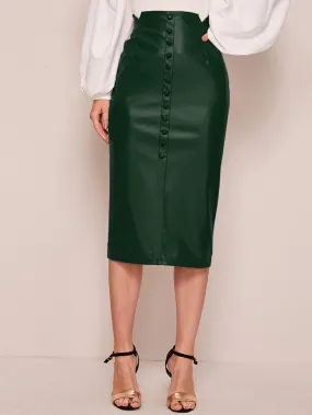 Elegant Plain Button Front High Waist Midi Women Skirts