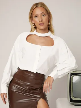 Elegant Plain Button Front Long Sleeve Stand Collar Regular Blouse