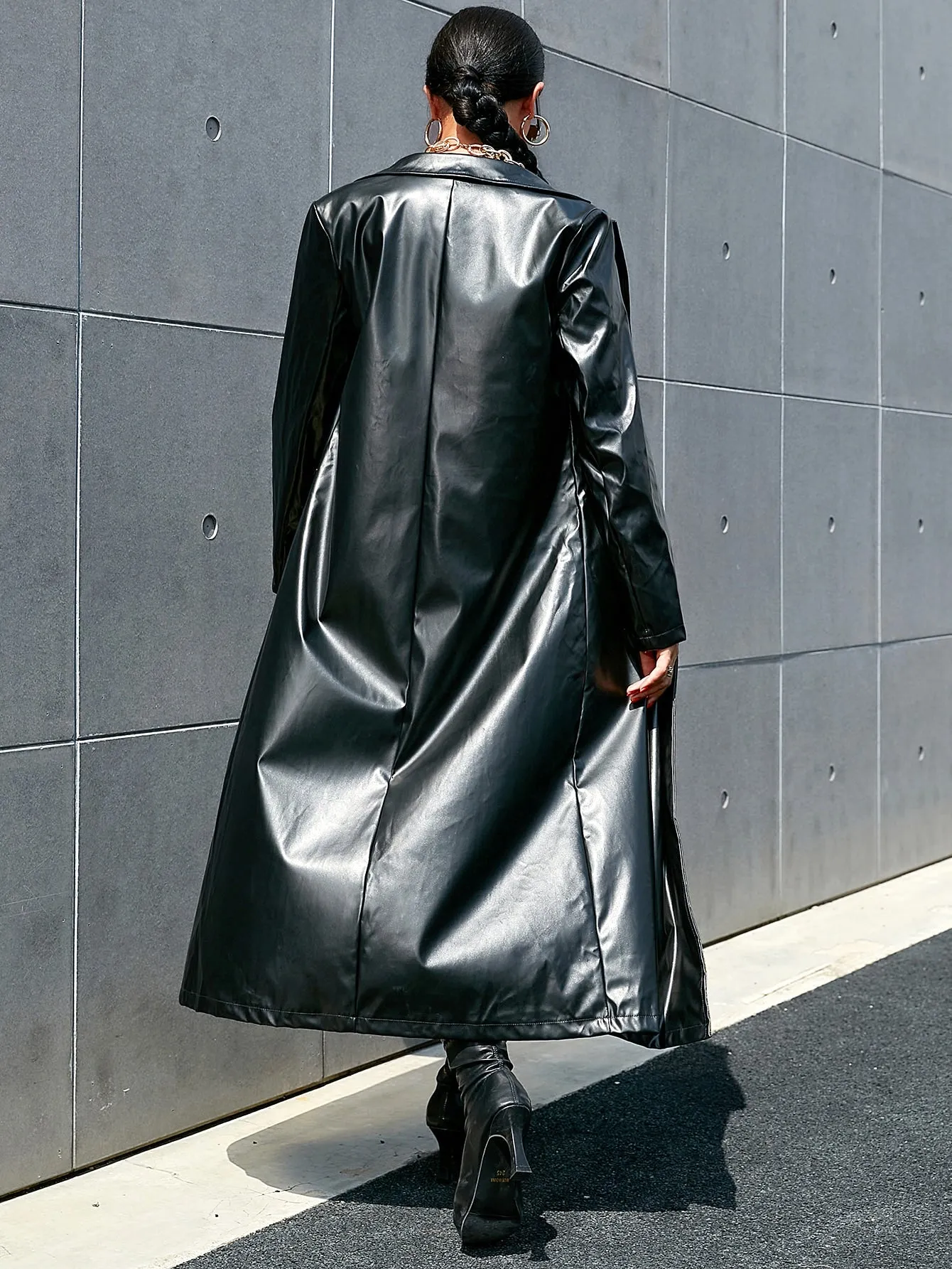 Elegant Plain Button Long Sleeve Lapel Long Women Coat