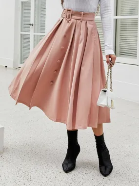 Elegant Plain Button Natural Midi Women Skirt
