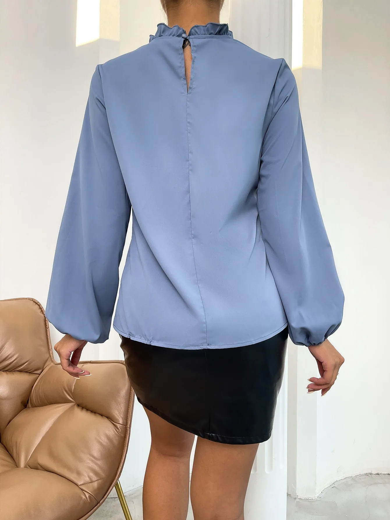 Elegant Plain Frill Long Sleeve Tie Neck Regular Blouse