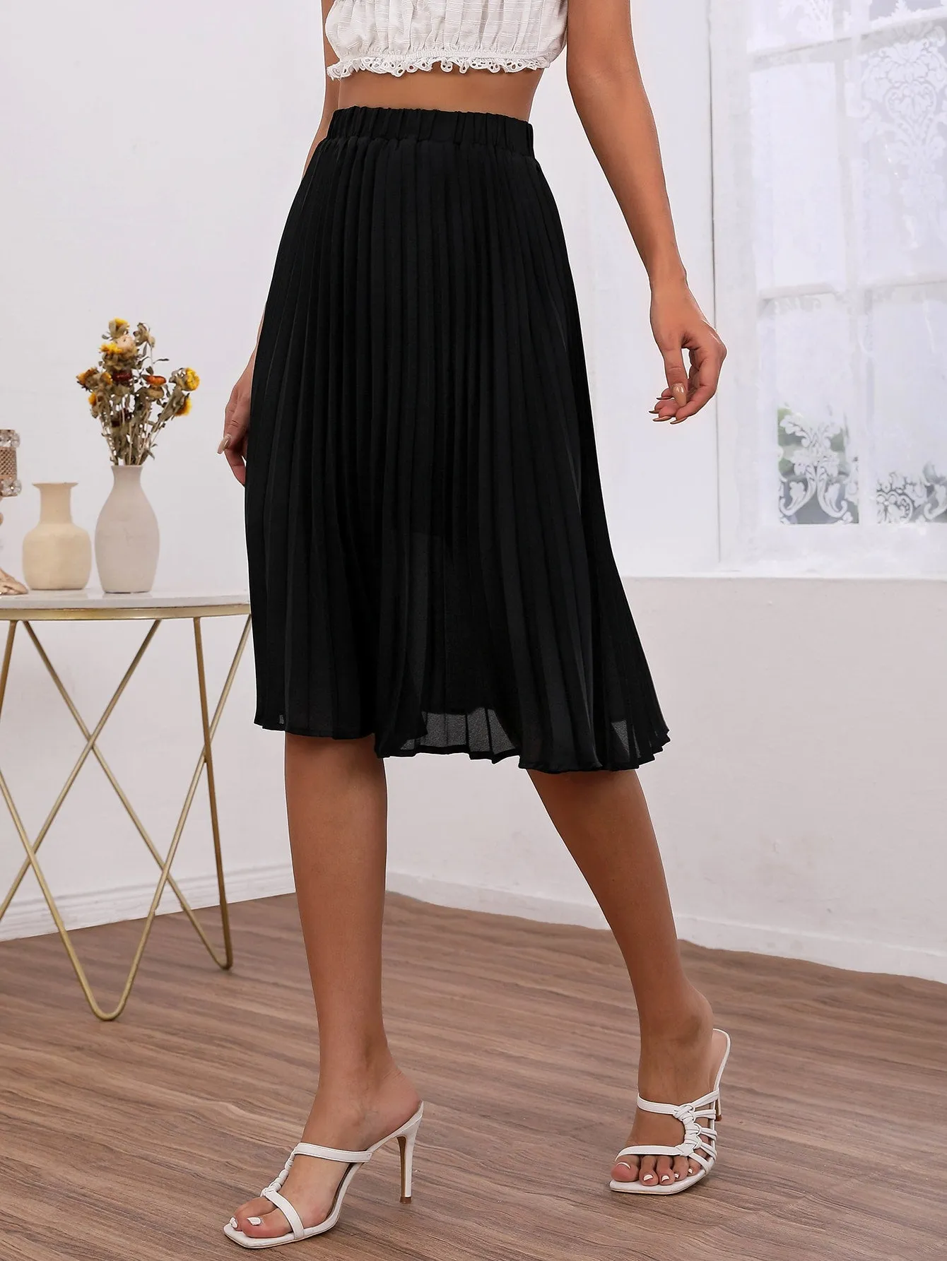Elegant Plain High Waist Knee Length Womens Skirts