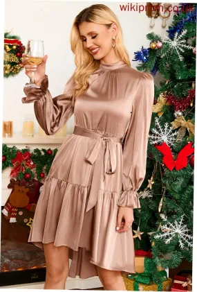 Elegant Satin Long Mini Club Dresses Lara Sleeves Round A-line Neck Dresses