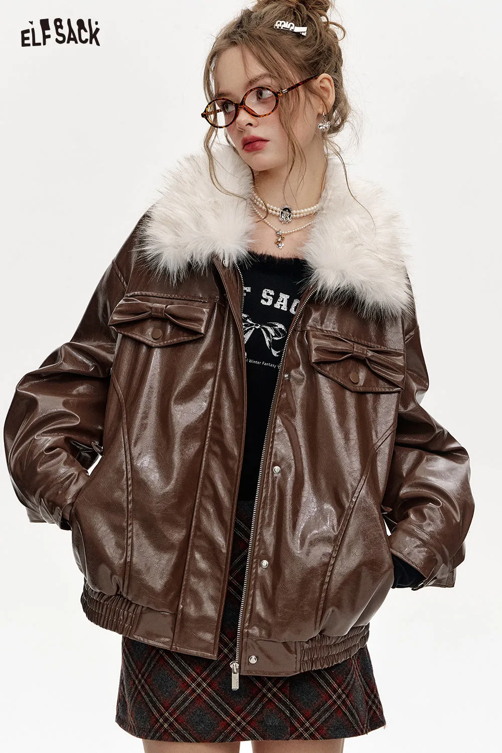 ELFSACK 2024 Winter New Arrivals Plush collar spliced PU thick warm coat for women