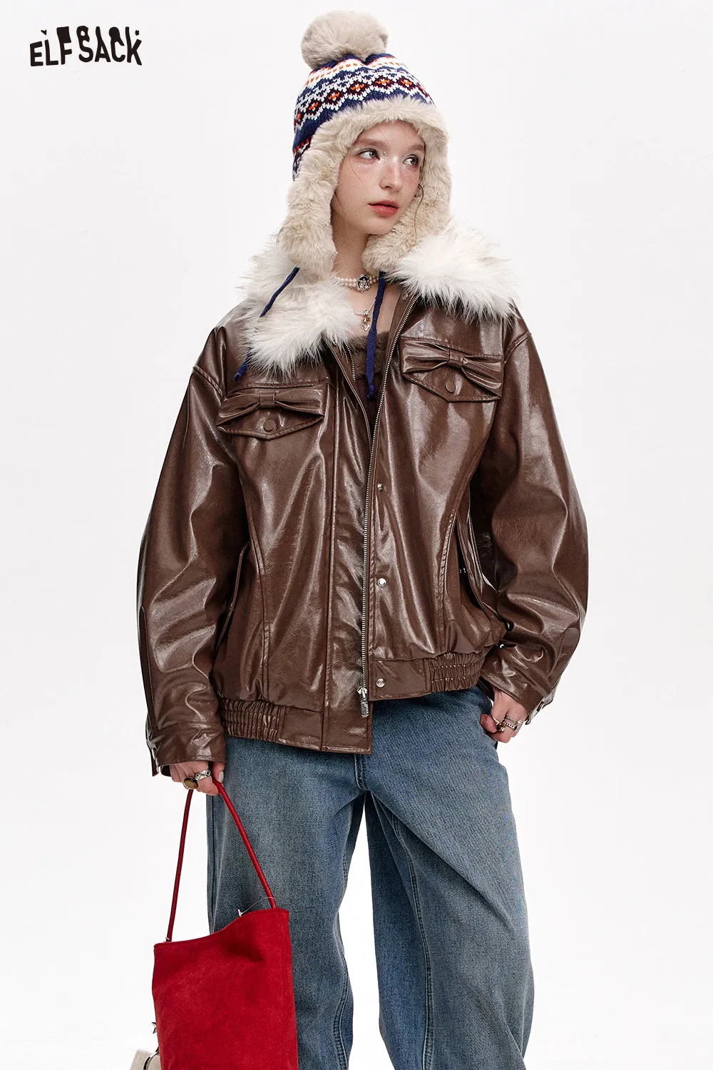 ELFSACK 2024 Winter New Arrivals Plush collar spliced PU thick warm coat for women