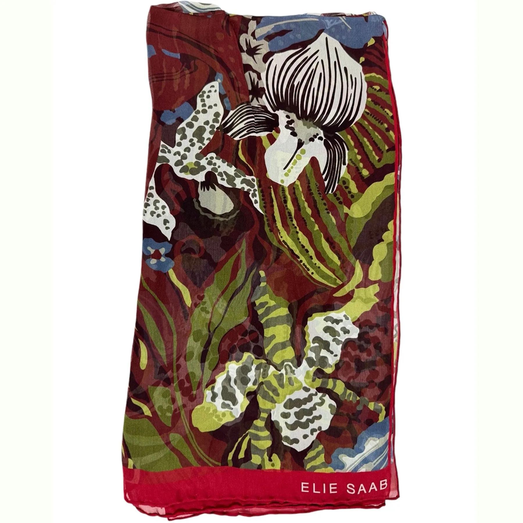 Elie Saab Scarf Bordeaux Olive Maroon Floral Design - Chiffon Silk Designer Shawl