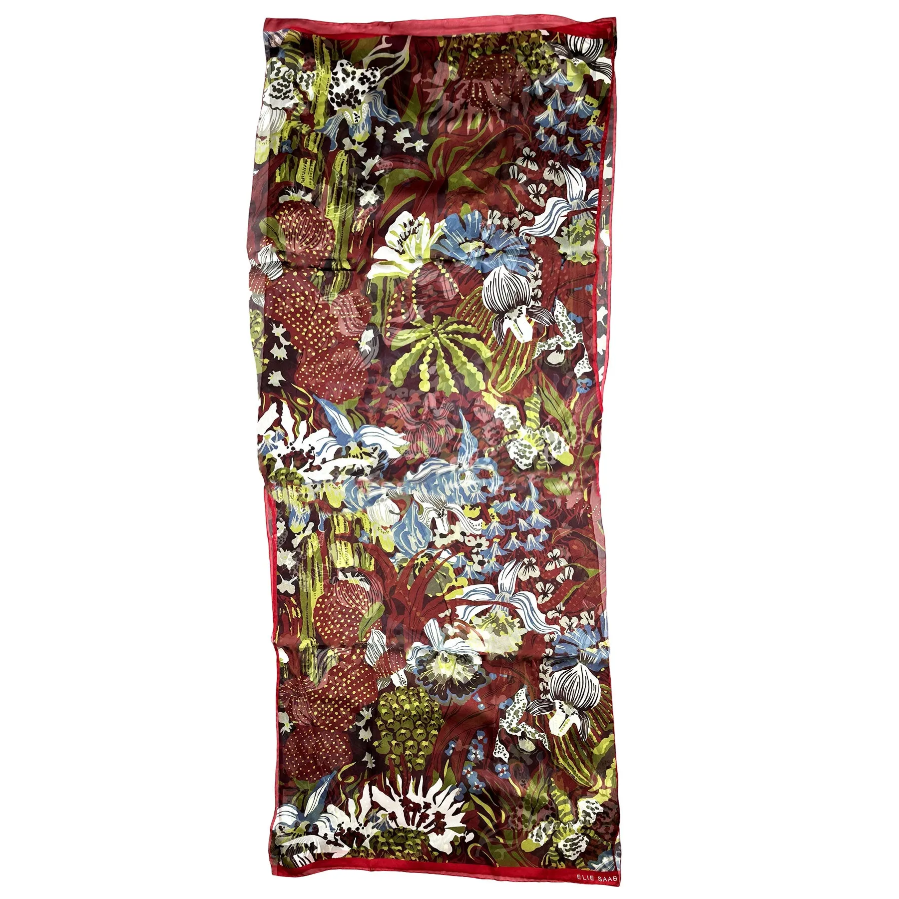 Elie Saab Scarf Bordeaux Olive Maroon Floral Design - Chiffon Silk Designer Shawl