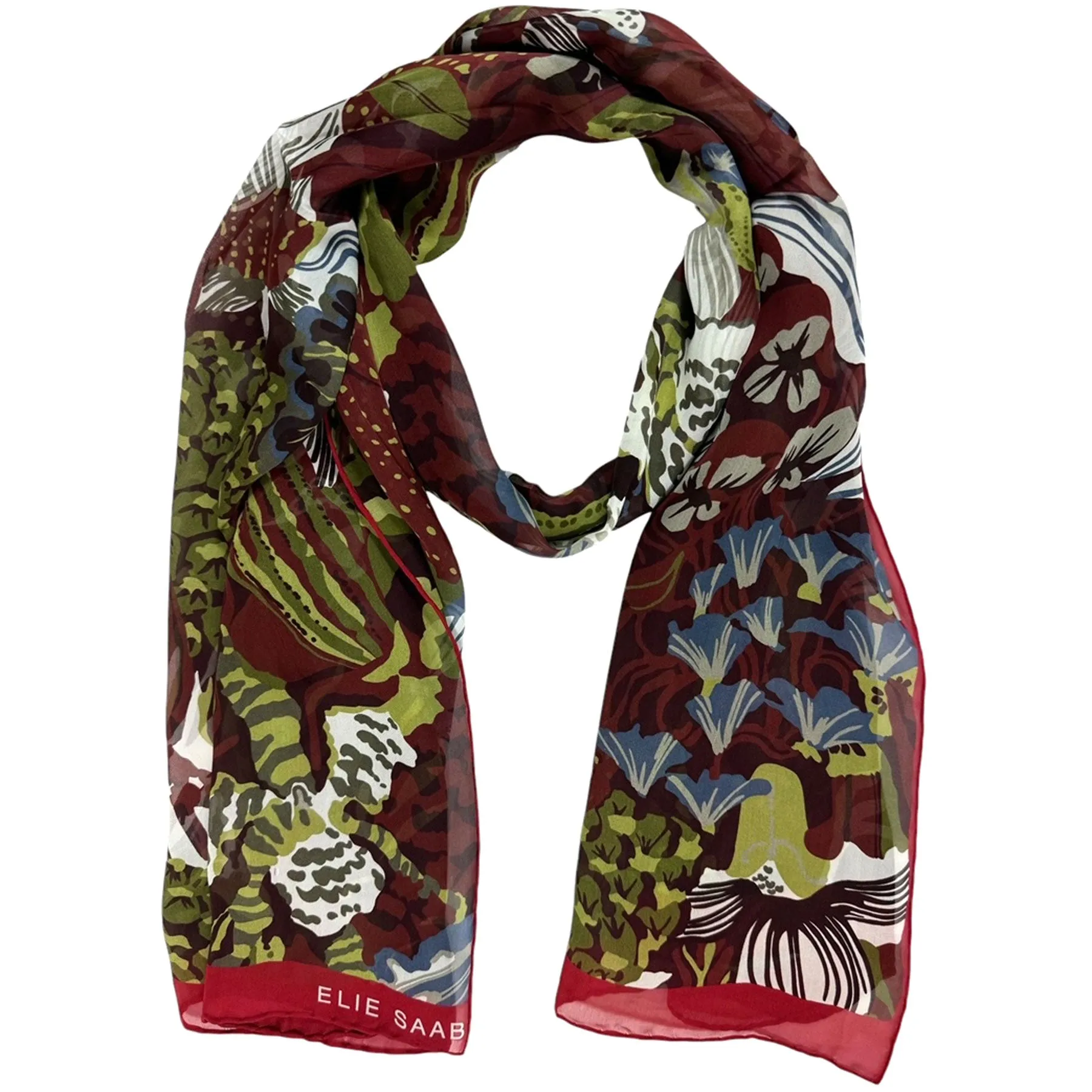 Elie Saab Scarf Bordeaux Olive Maroon Floral Design - Chiffon Silk Designer Shawl