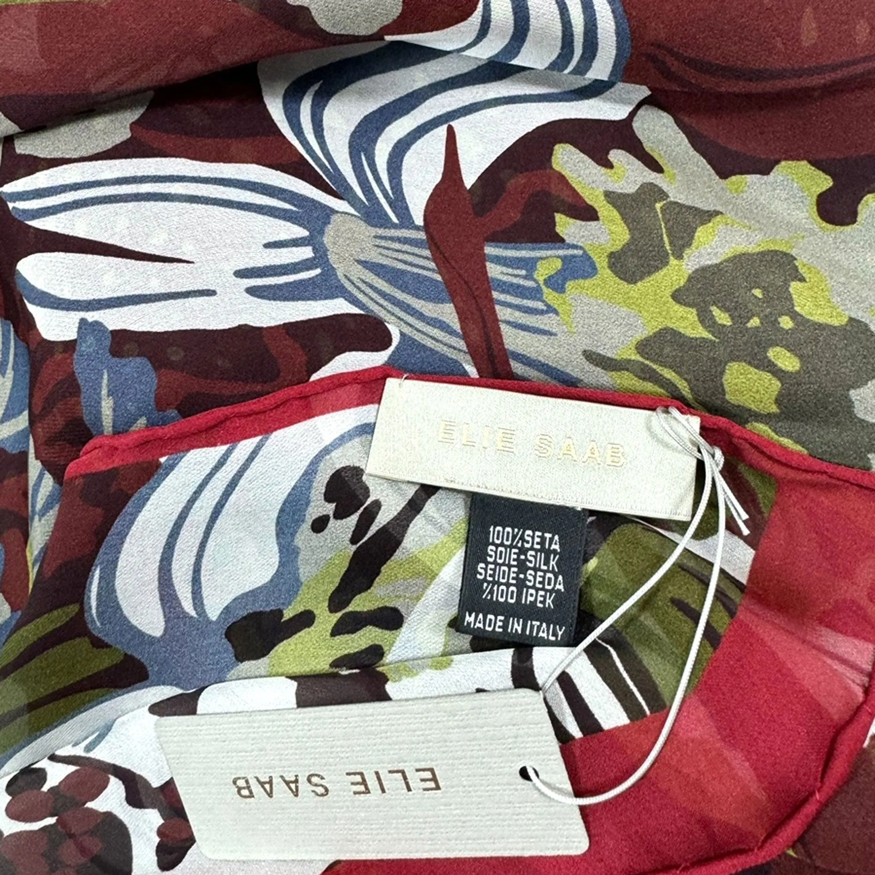 Elie Saab Scarf Bordeaux Olive Maroon Floral Design - Chiffon Silk Designer Shawl