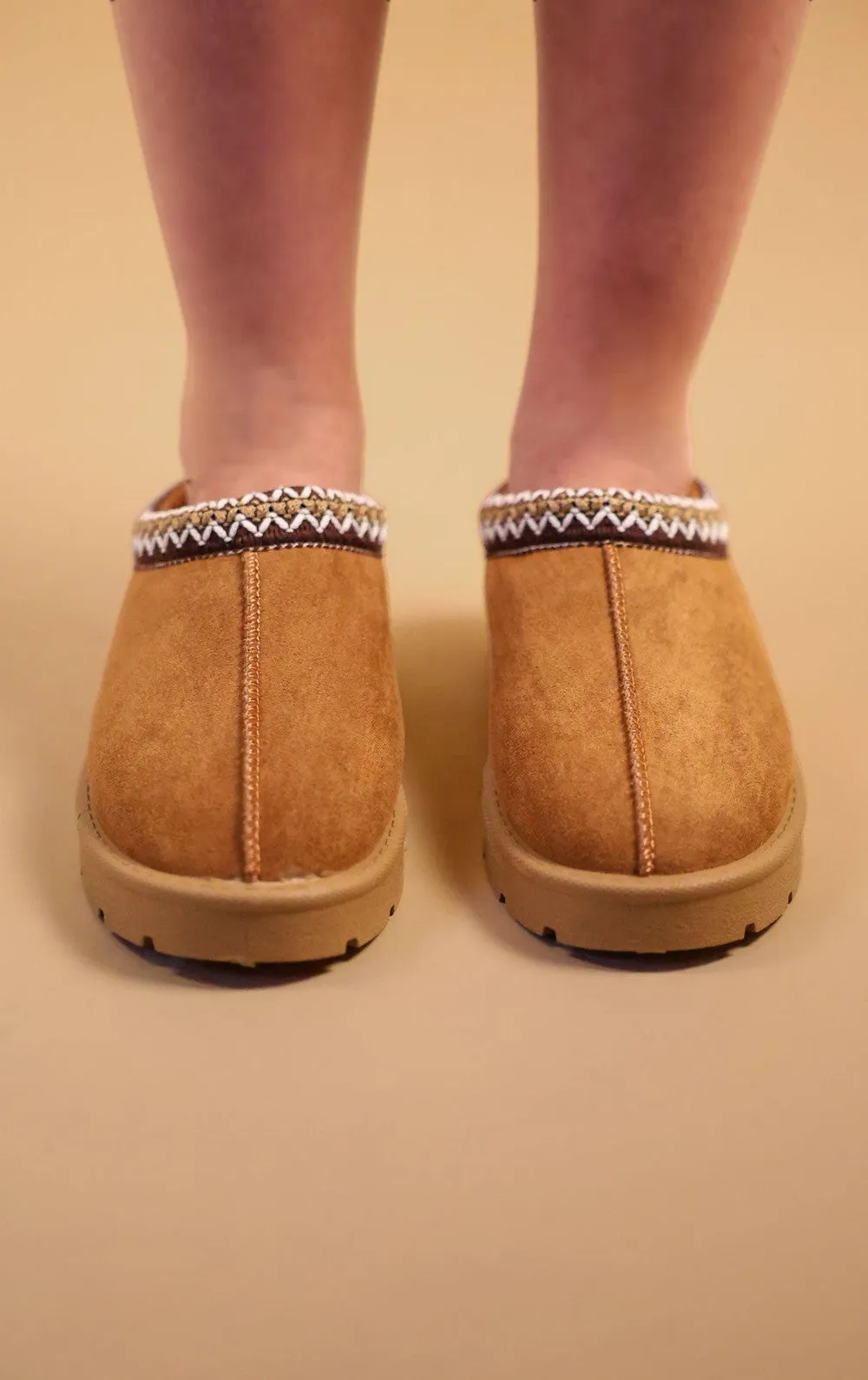 Ella Faux Suede Embroidered Fur Lined Slipper Boots - Chestnut