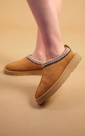 Ella Faux Suede Embroidered Fur Lined Slipper Boots - Chestnut