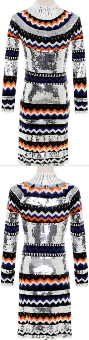 Embellished Chevron Sweater Dress-Silver