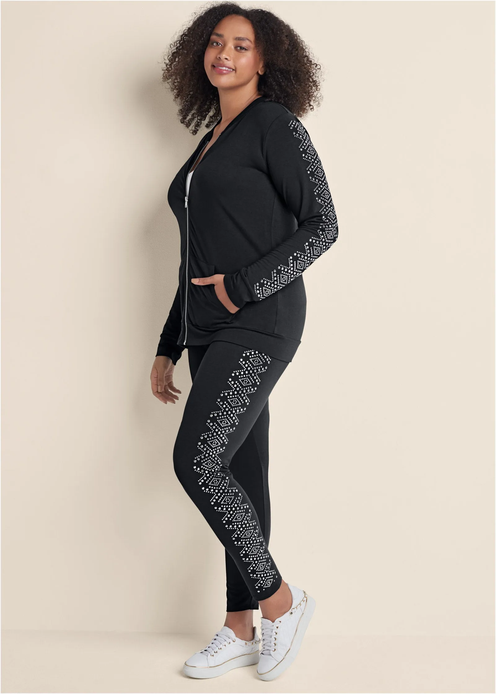 Embellished Lounge Pant Set - Black