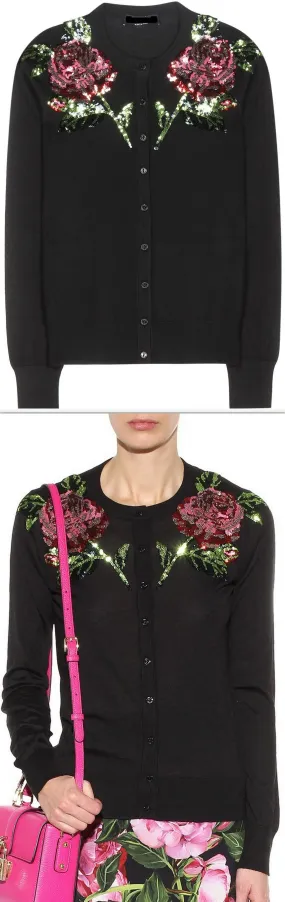 Embellished Rose Cardigan Sweater, Black