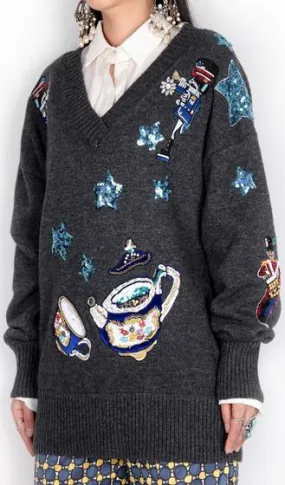 Embellished V-Neck Sweater in Grey