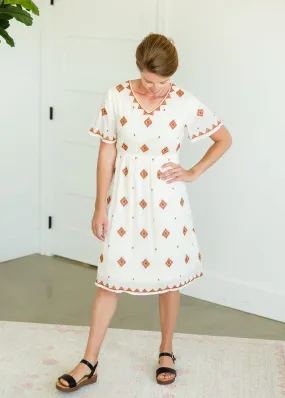 Embroidered Detail V-Neck Midi Dress - FINAL SALE