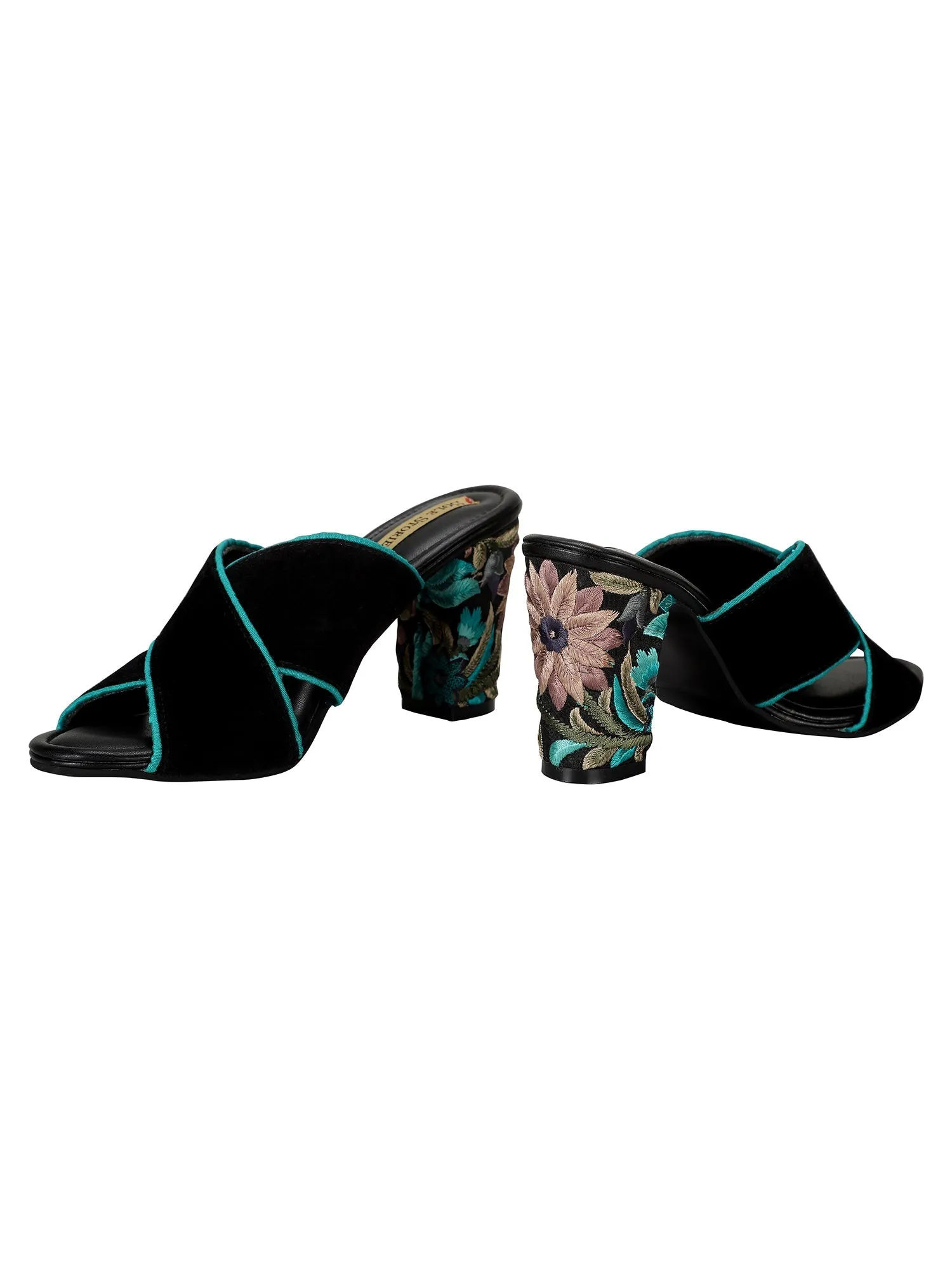 Embroidered Heels-Criss Cross Mules Blue