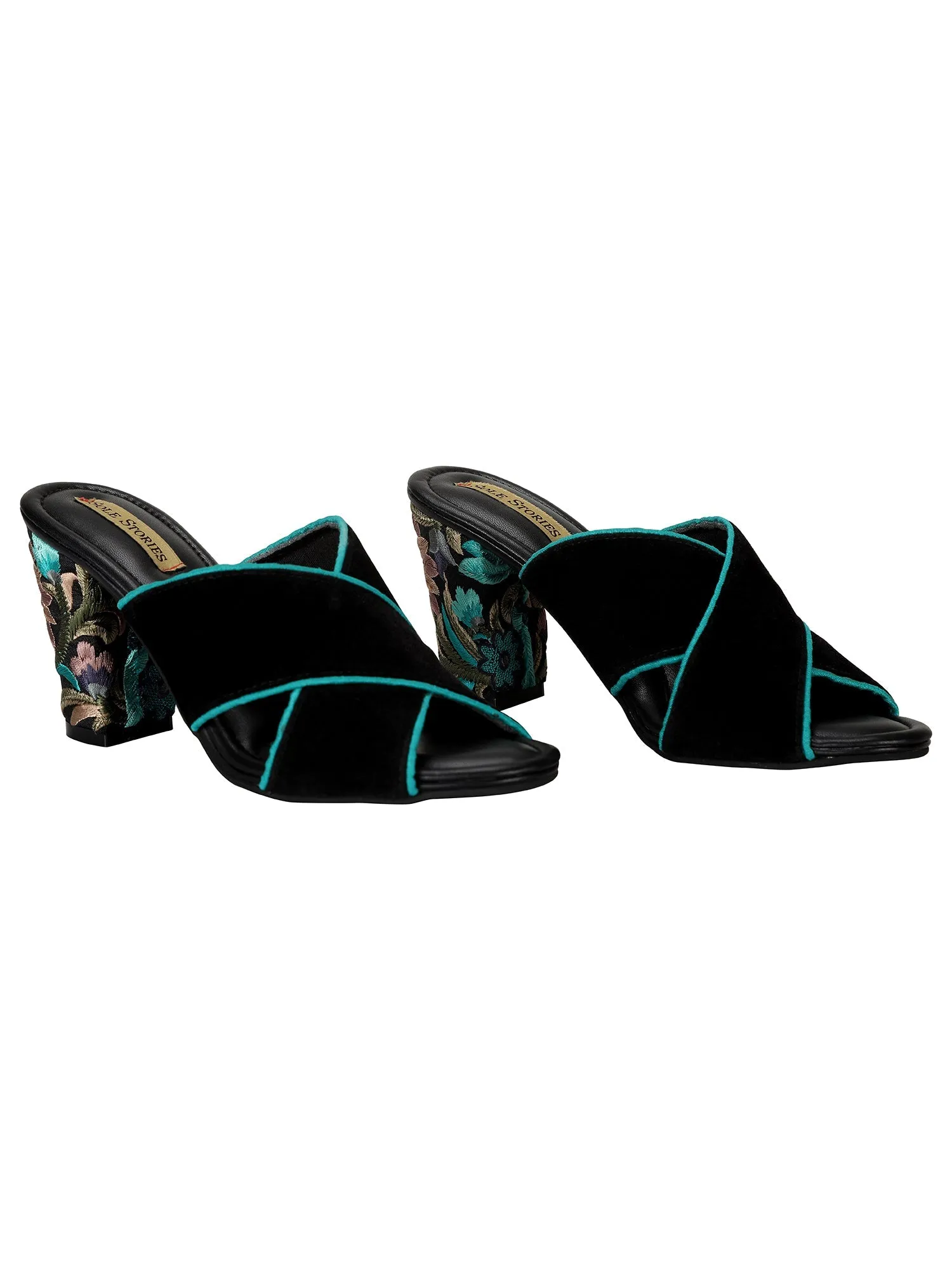 Embroidered Heels-Criss Cross Mules Blue