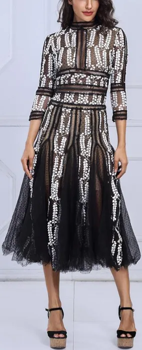 Embroidered Mesh-Paneled Midi Dress