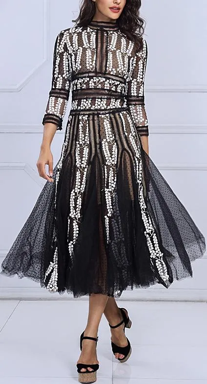 Embroidered Mesh-Paneled Midi Dress