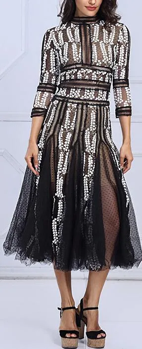 Embroidered Mesh-Paneled Midi Dress