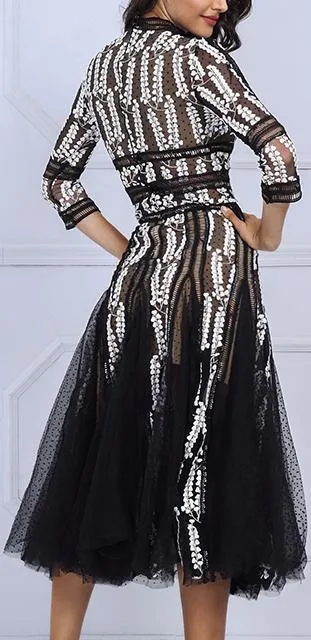 Embroidered Mesh-Paneled Midi Dress