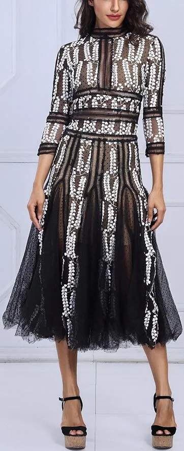 Embroidered Mesh-Paneled Midi Dress