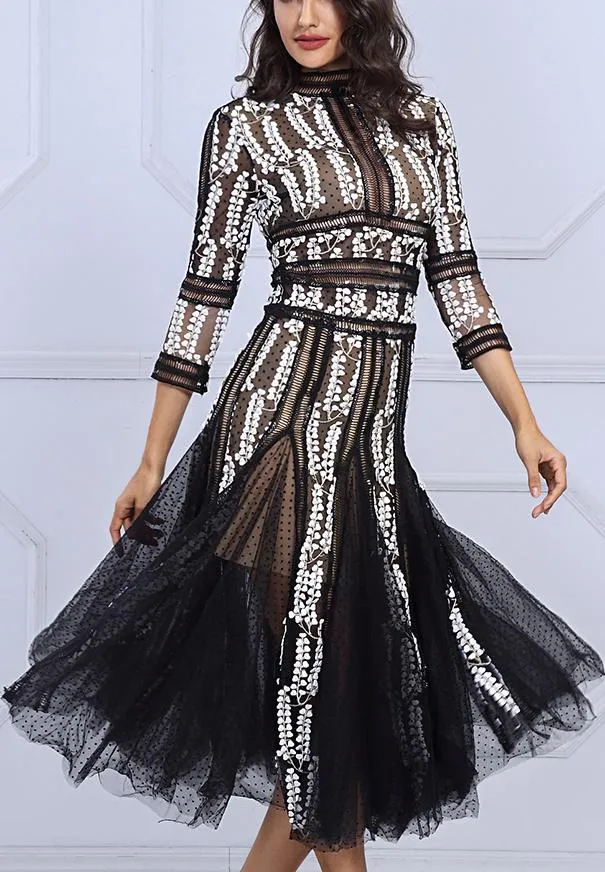 Embroidered Mesh-Paneled Midi Dress